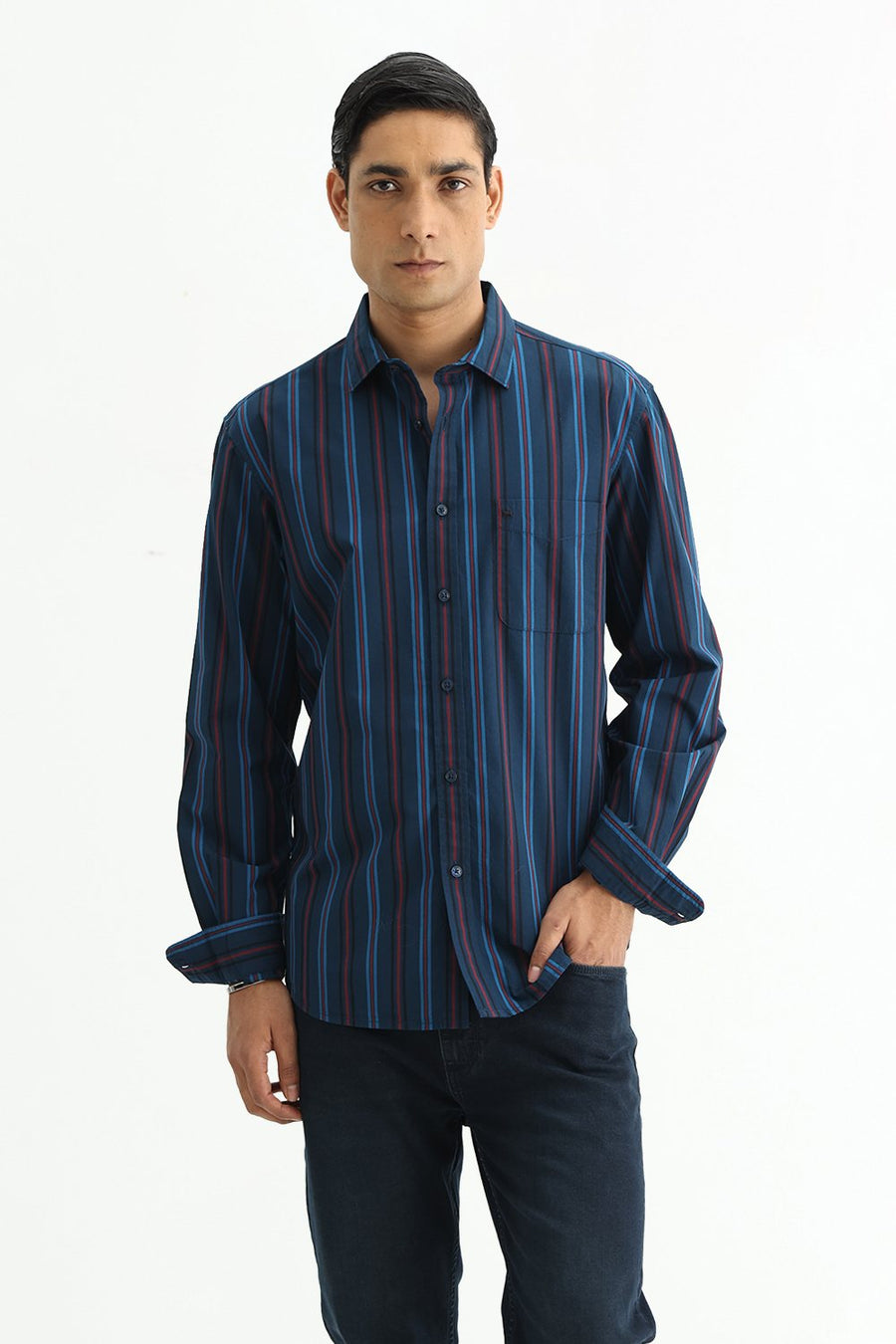 BASICS SLIM FIT BLACK COTTON PLAIN STRIPES SHIRT