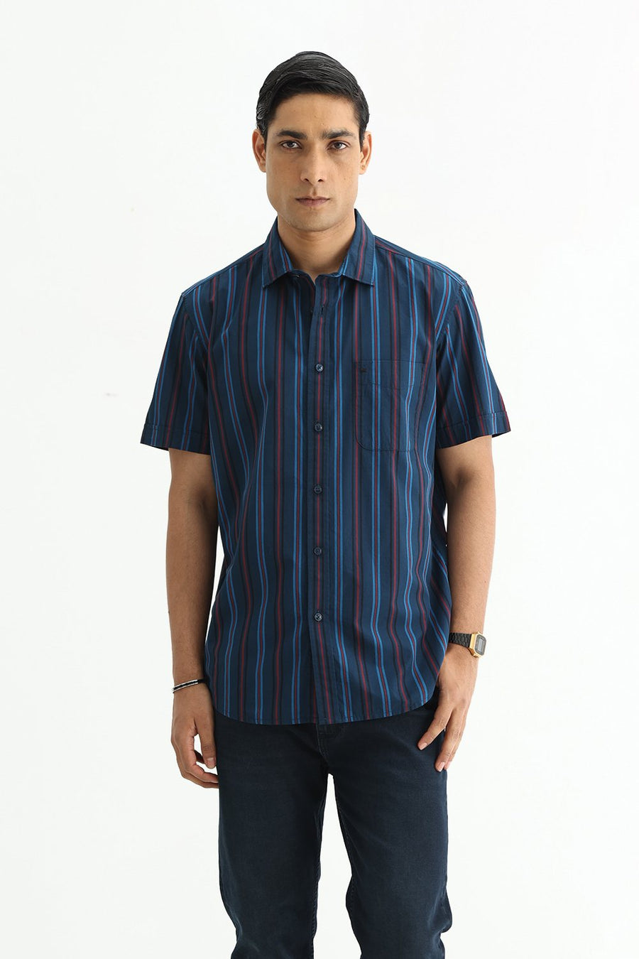 BASICS SLIM FIT BLACK COTTON PLAIN STRIPES HALFSLEEVES SHIRT