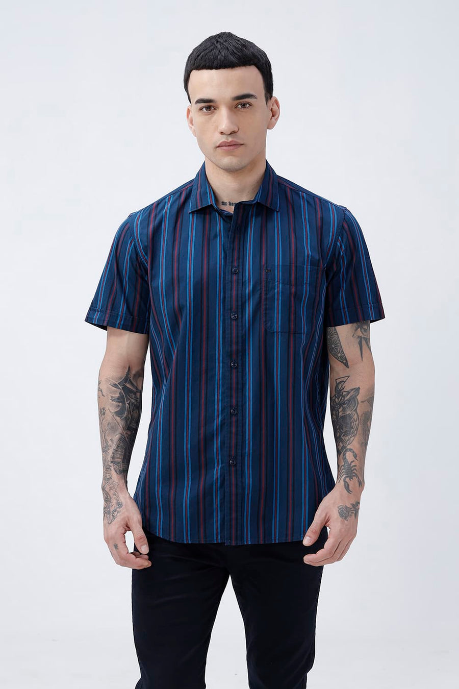 BASICS SLIM FIT BLACK COTTON PLAIN STRIPES HALFSLEEVES SHIRT