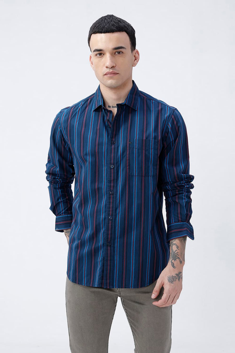 BASICS SLIM FIT BLACK COTTON PLAIN STRIPES SHIRT