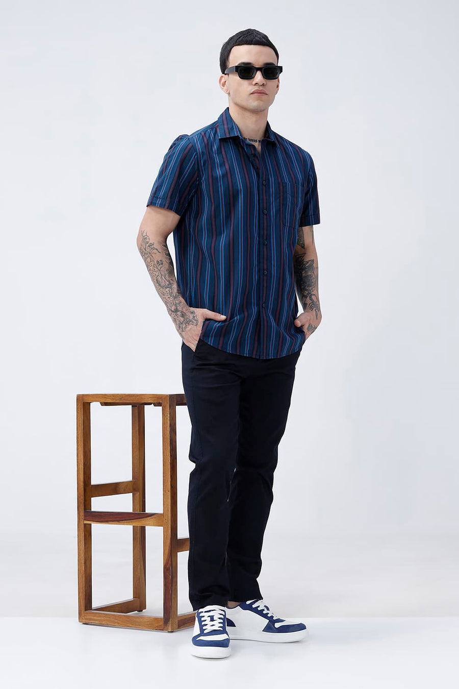 BASICS SLIM FIT BLACK COTTON PLAIN STRIPES HALFSLEEVES SHIRT