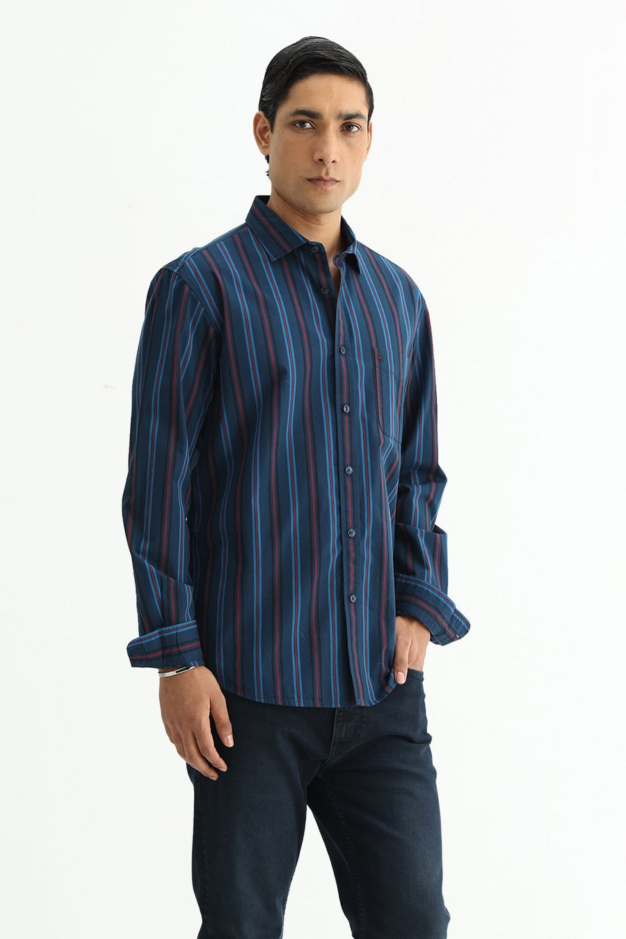 BASICS SLIM FIT BLACK COTTON PLAIN STRIPES SHIRT
