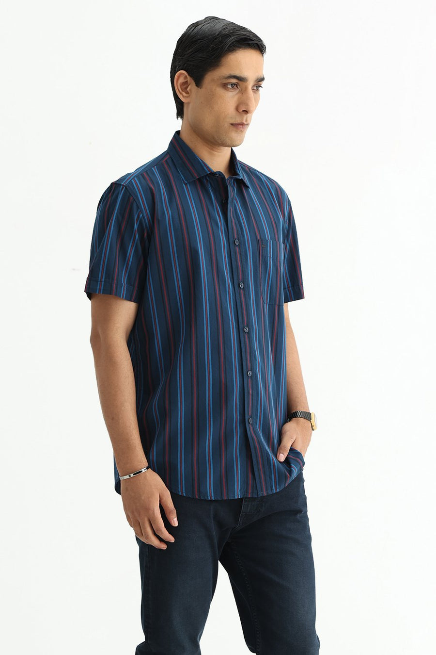 BASICS SLIM FIT BLACK COTTON PLAIN STRIPES HALFSLEEVES SHIRT