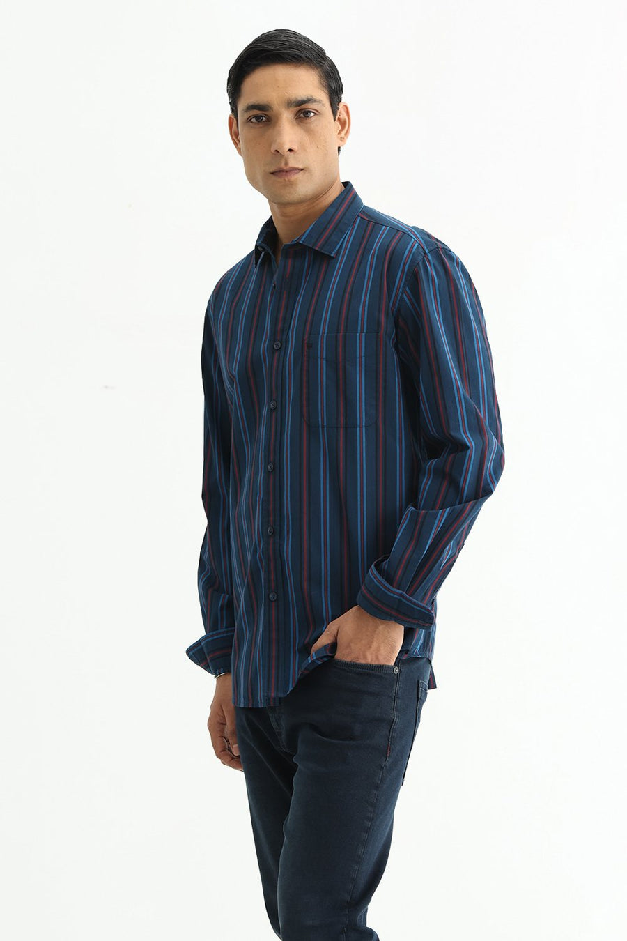 BASICS SLIM FIT BLACK COTTON PLAIN STRIPES SHIRT