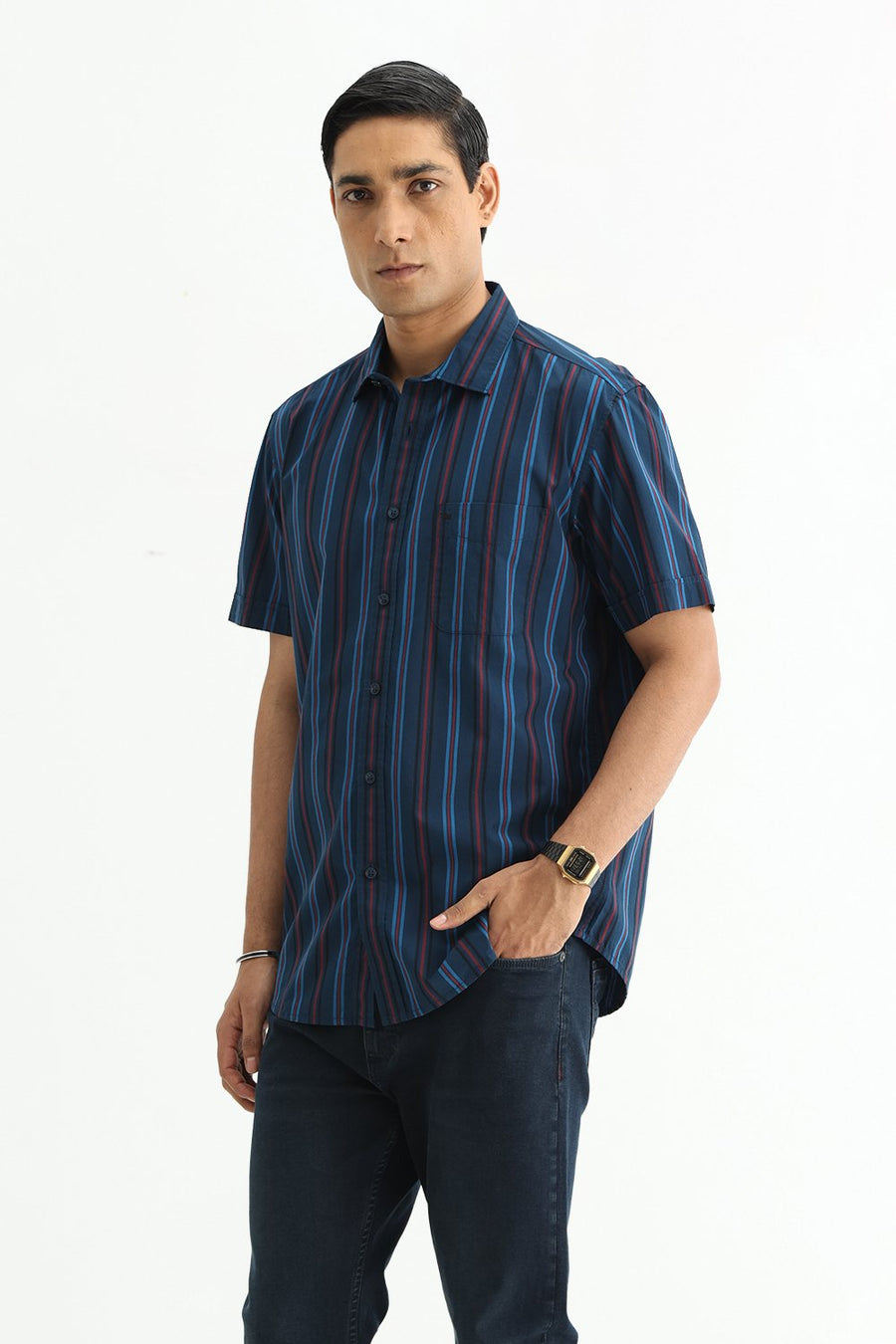 BASICS SLIM FIT BLACK COTTON PLAIN STRIPES HALFSLEEVES SHIRT