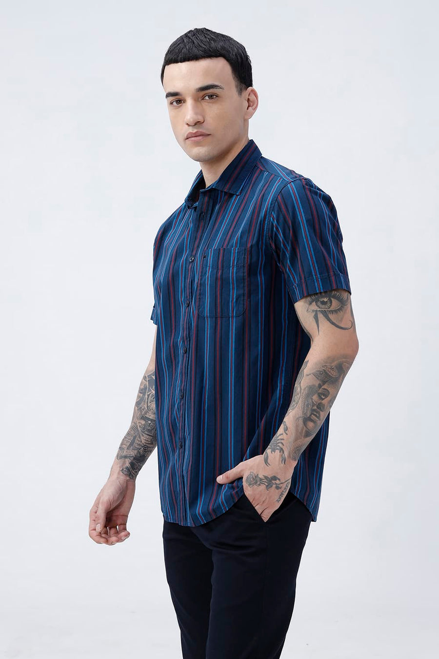 BASICS SLIM FIT BLACK COTTON PLAIN STRIPES HALFSLEEVES SHIRT