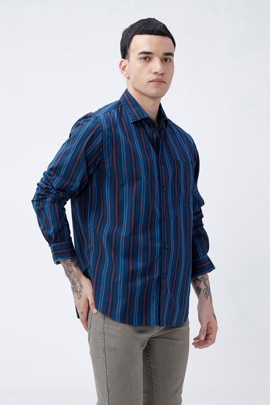 BASICS SLIM FIT BLACK COTTON PLAIN STRIPES SHIRT