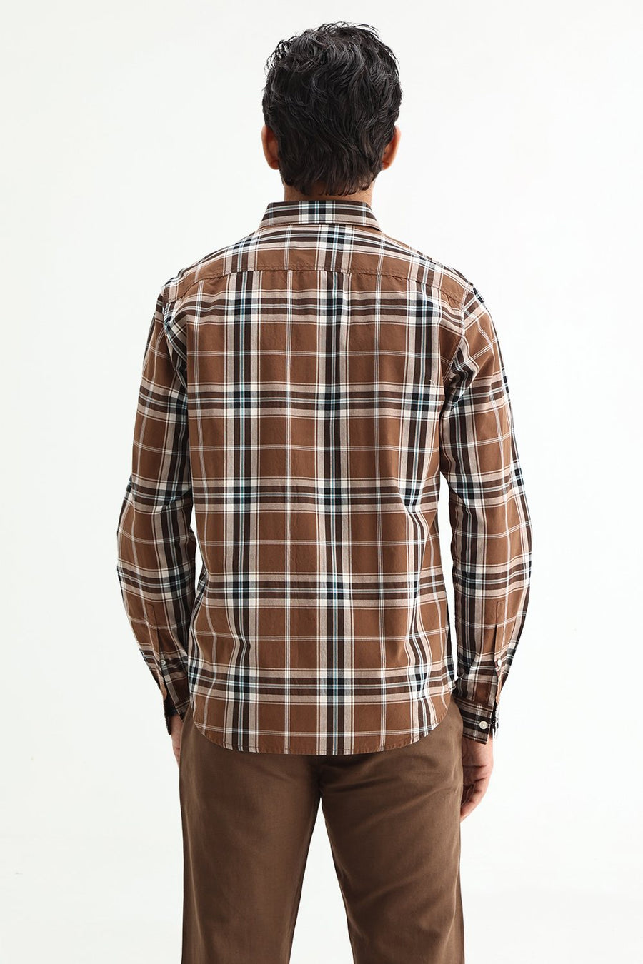 BASICS SLIM FIT DARK GREEN COTTON PLAIN CHECKS SHIRT
