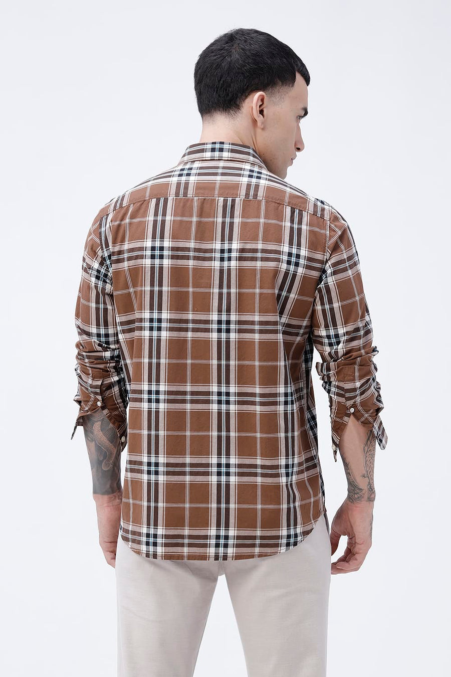 BASICS SLIM FIT DARK GREEN COTTON PLAIN CHECKS SHIRT