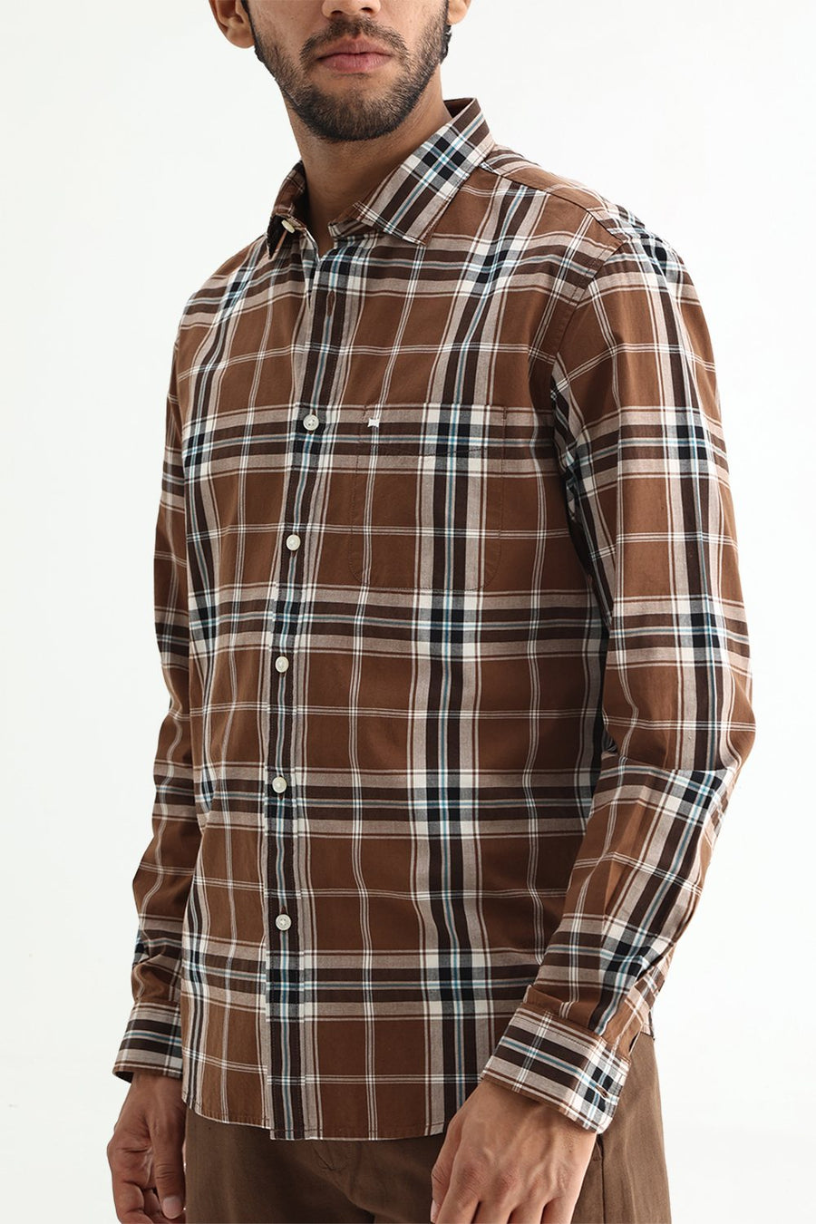BASICS SLIM FIT DARK GREEN COTTON PLAIN CHECKS SHIRT