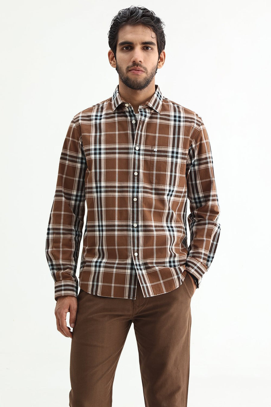 BASICS SLIM FIT DARK GREEN COTTON PLAIN CHECKS SHIRT