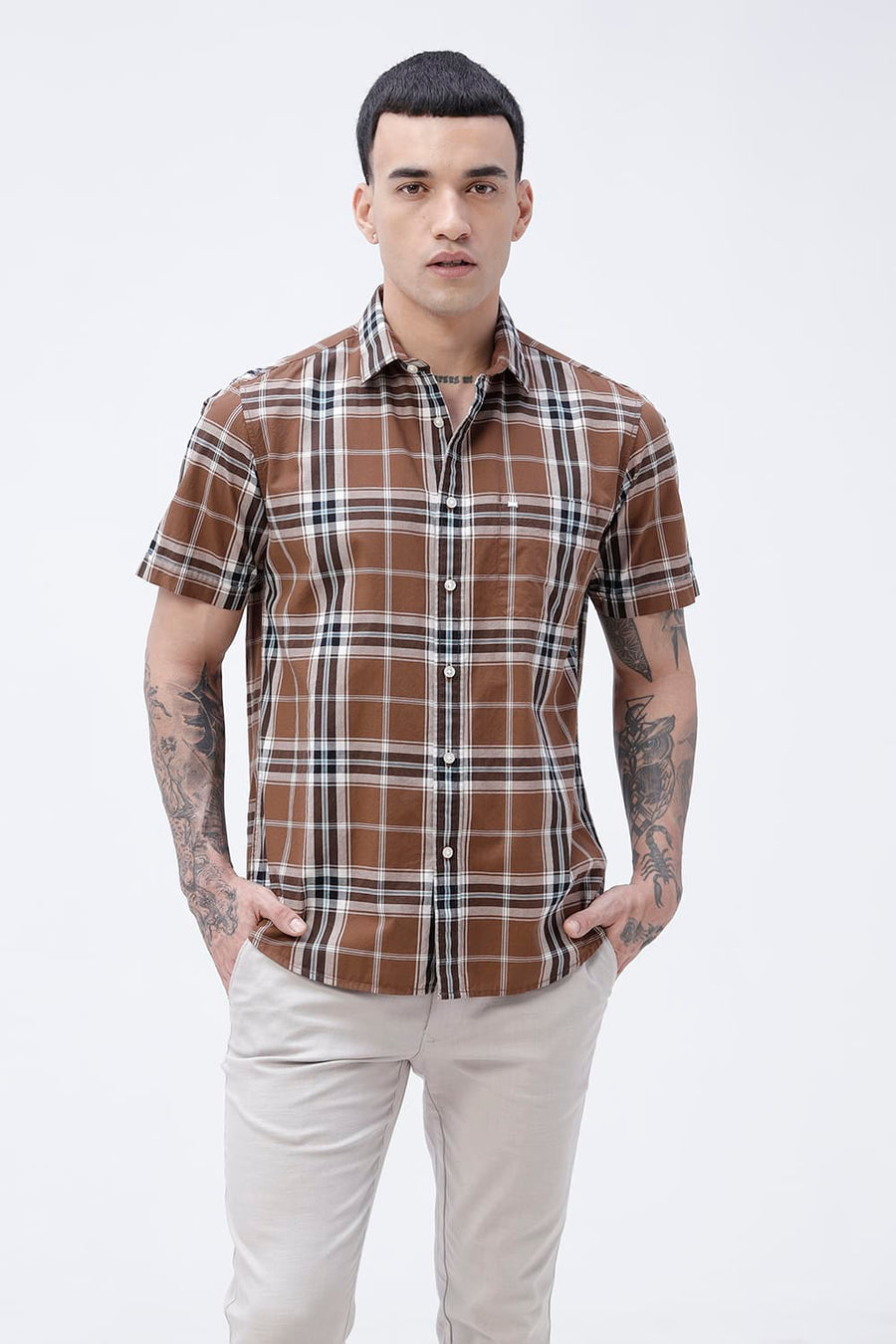 BASICS SLIM FIT DARK GREEN COTTON PLAIN CHECKS HALFSLEEVES SHIRT