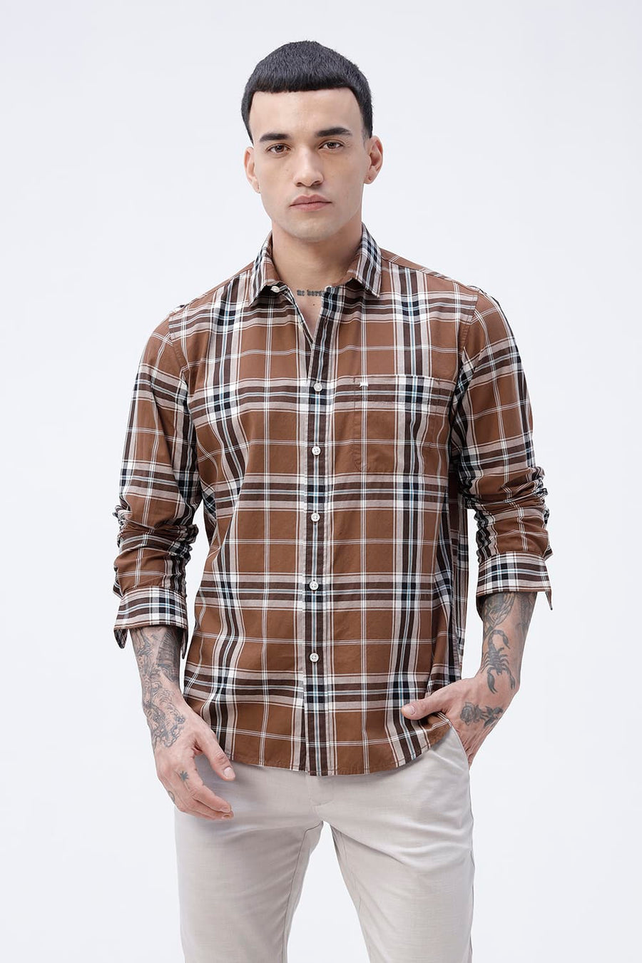 BASICS SLIM FIT DARK GREEN COTTON PLAIN CHECKS SHIRT