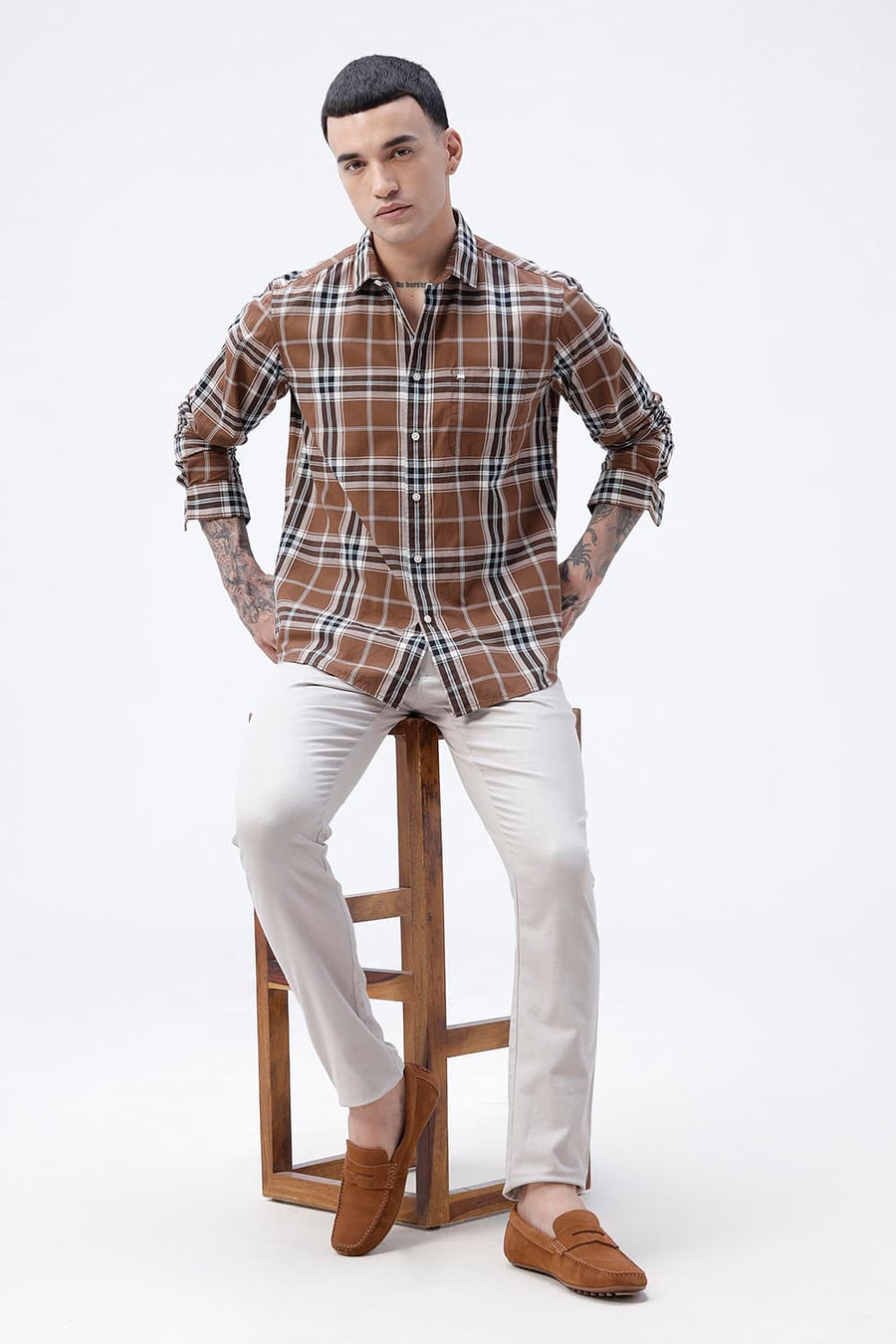 BASICS SLIM FIT DARK GREEN COTTON PLAIN CHECKS SHIRT