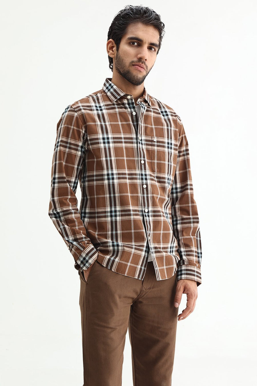 BASICS SLIM FIT DARK GREEN COTTON PLAIN CHECKS SHIRT