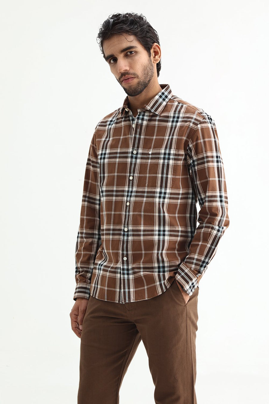 BASICS SLIM FIT DARK GREEN COTTON PLAIN CHECKS SHIRT