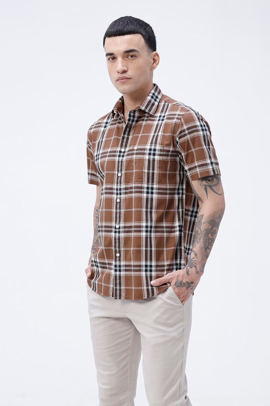 BASICS SLIM FIT DARK GREEN COTTON PLAIN CHECKS HALFSLEEVES SHIRT