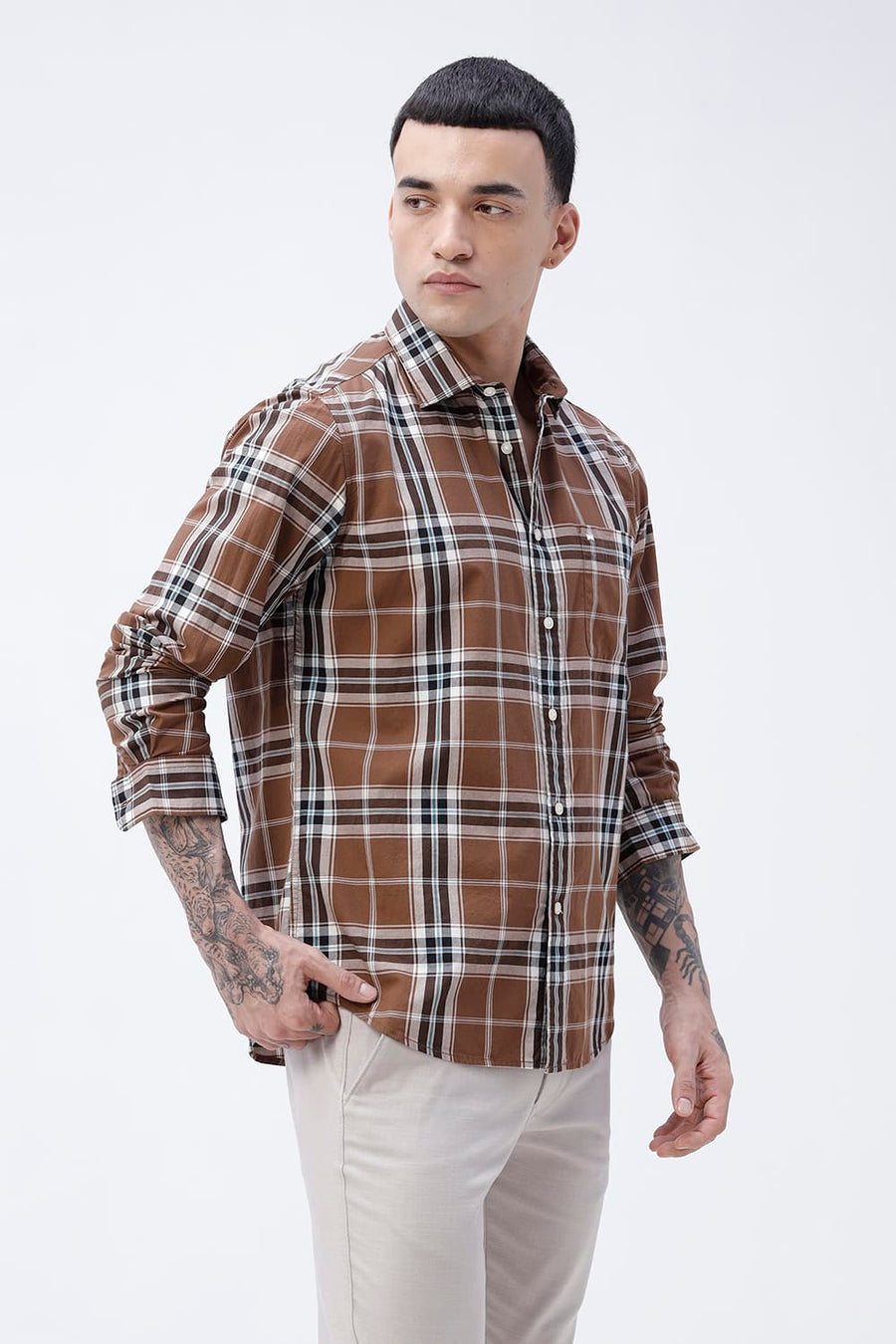 BASICS SLIM FIT DARK GREEN COTTON PLAIN CHECKS SHIRT
