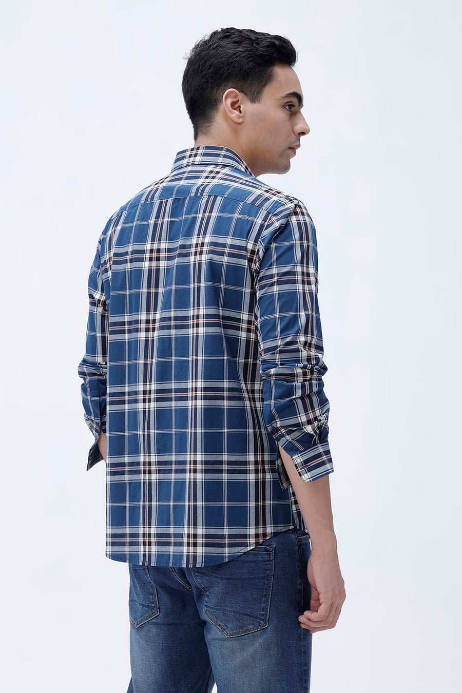BASICS SLIM FIT DARK GREY COTTON PLAIN CHECKS SHIRT