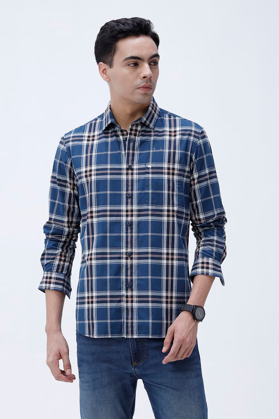 BASICS SLIM FIT DARK GREY COTTON PLAIN CHECKS SHIRT