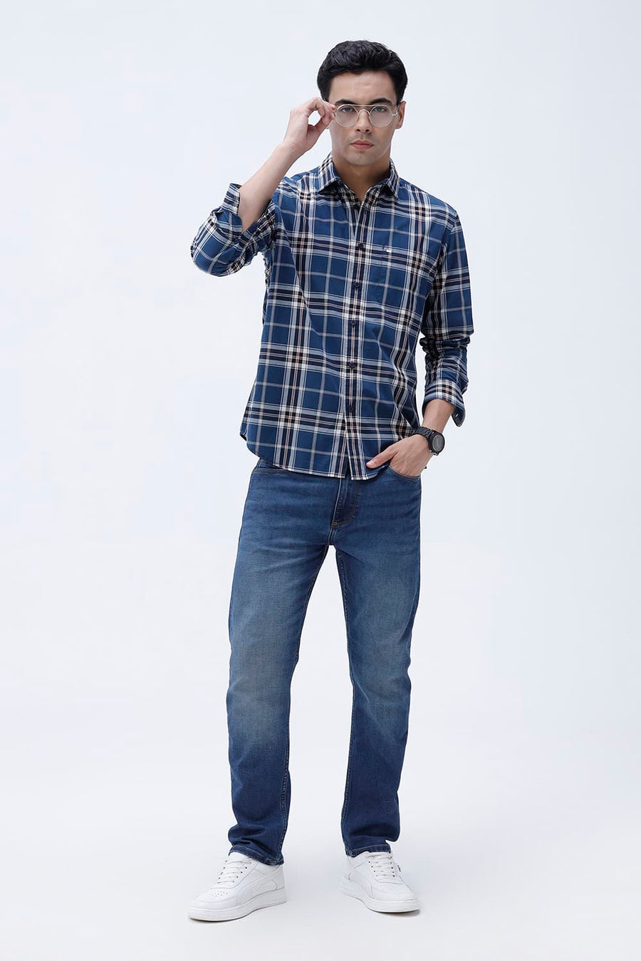 BASICS SLIM FIT DARK GREY COTTON PLAIN CHECKS SHIRT
