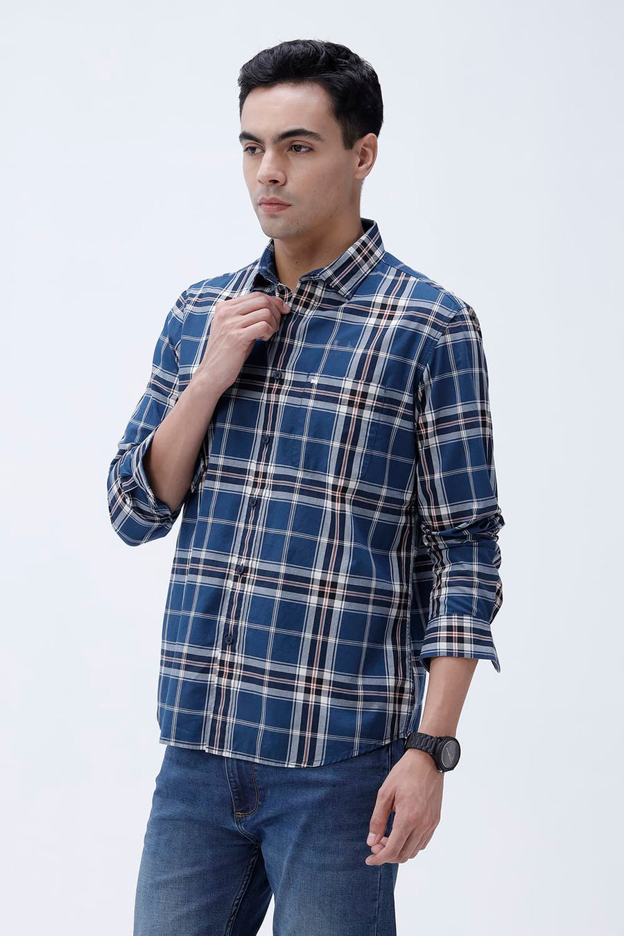 BASICS SLIM FIT DARK GREY COTTON PLAIN CHECKS SHIRT