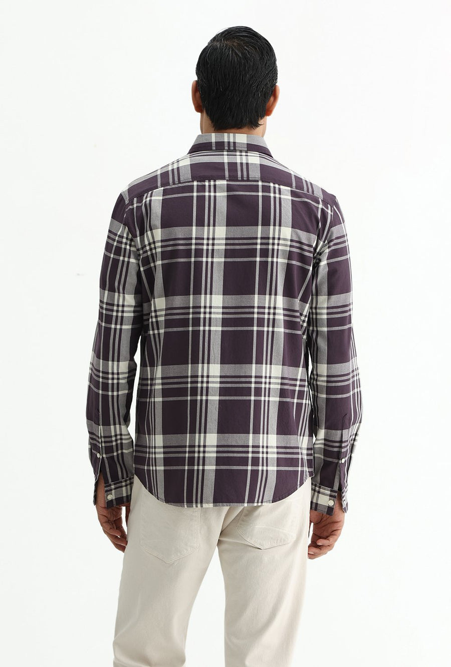 BASICS SLIM FIT NAVY COTTON TWILL CHECKS SHIRT