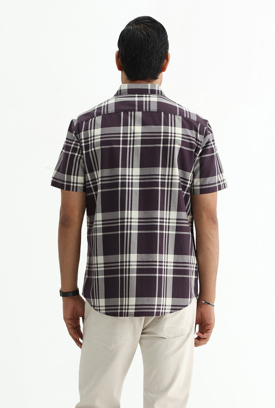 BASICS SLIM FIT NAVY COTTON TWILL CHECKS HALFSLEEVES SHIRT