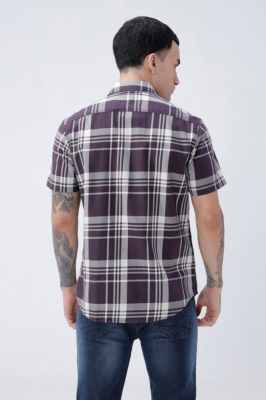BASICS SLIM FIT NAVY COTTON TWILL CHECKS HALFSLEEVES SHIRT