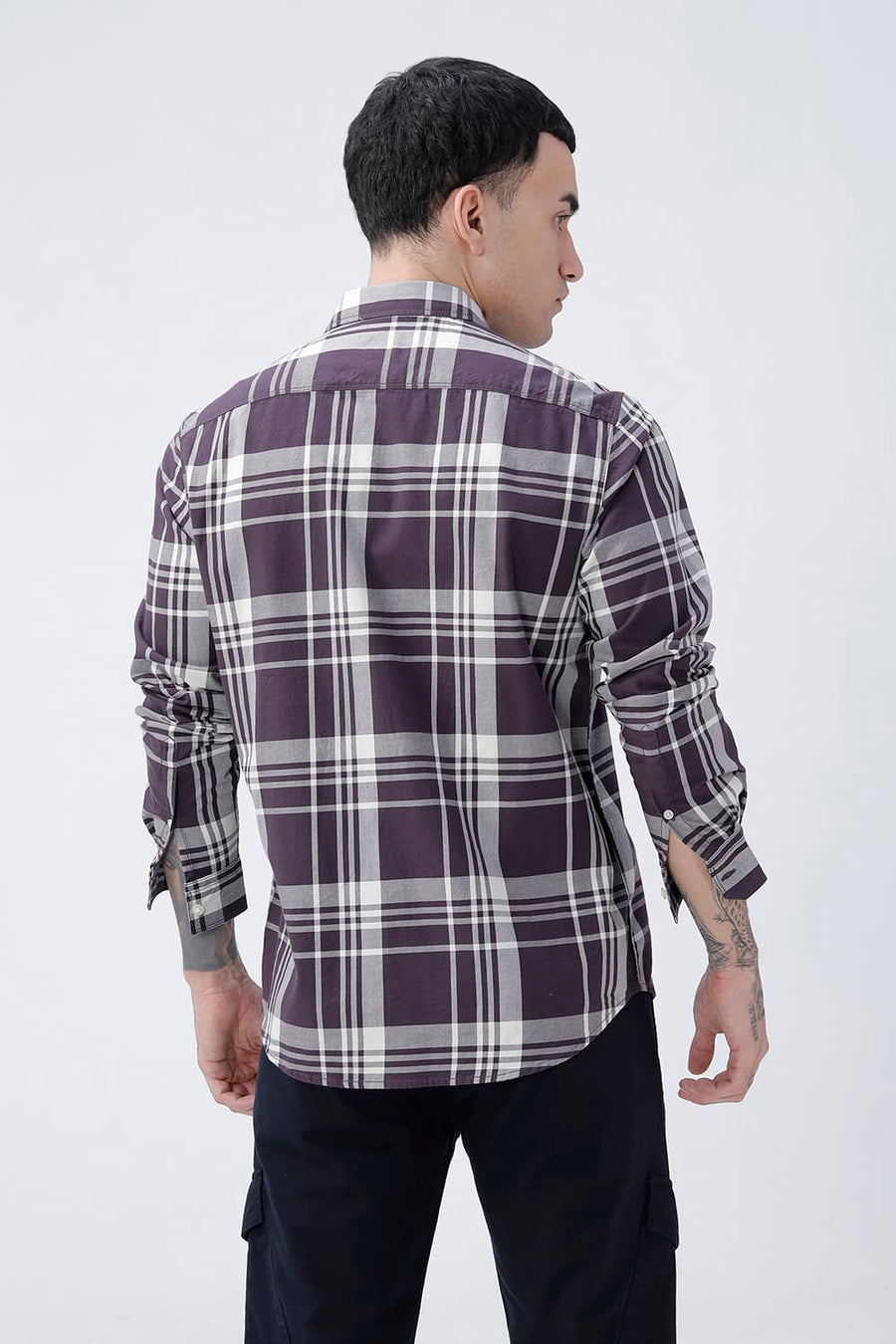 BASICS SLIM FIT NAVY COTTON TWILL CHECKS SHIRT