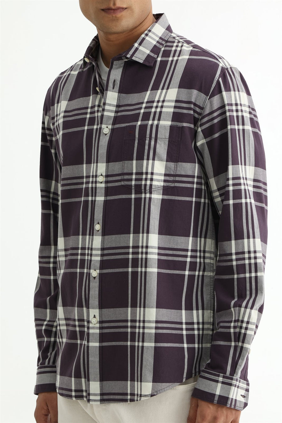 BASICS SLIM FIT NAVY COTTON TWILL CHECKS SHIRT