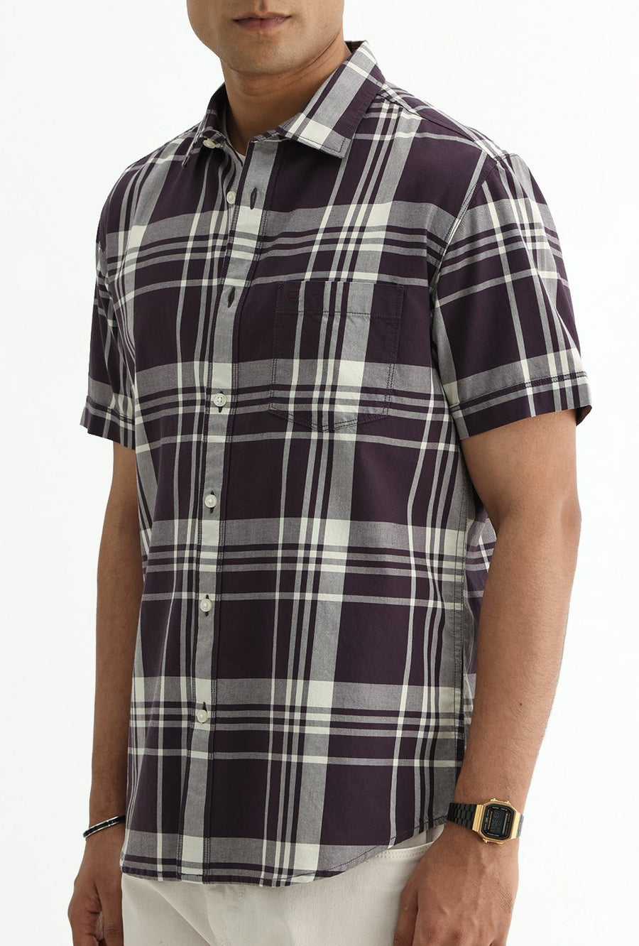 BASICS SLIM FIT NAVY COTTON TWILL CHECKS HALFSLEEVES SHIRT
