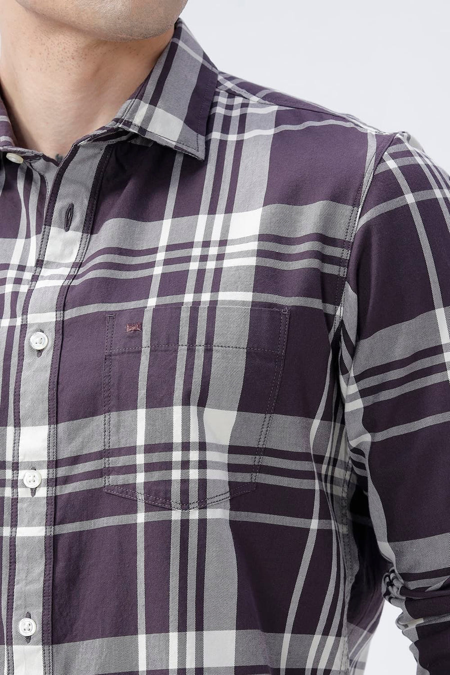 BASICS SLIM FIT NAVY COTTON TWILL CHECKS SHIRT