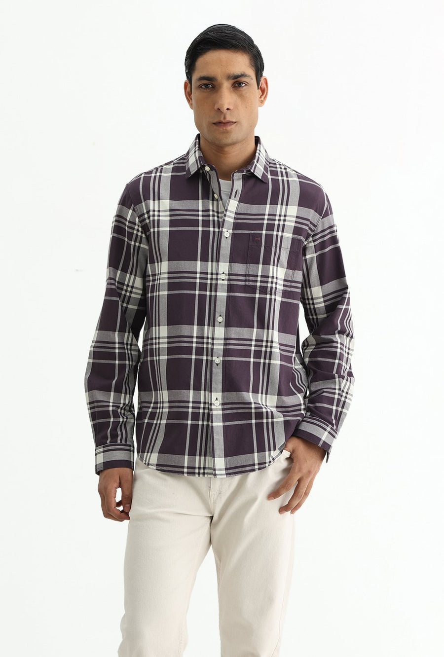 BASICS SLIM FIT NAVY COTTON TWILL CHECKS SHIRT