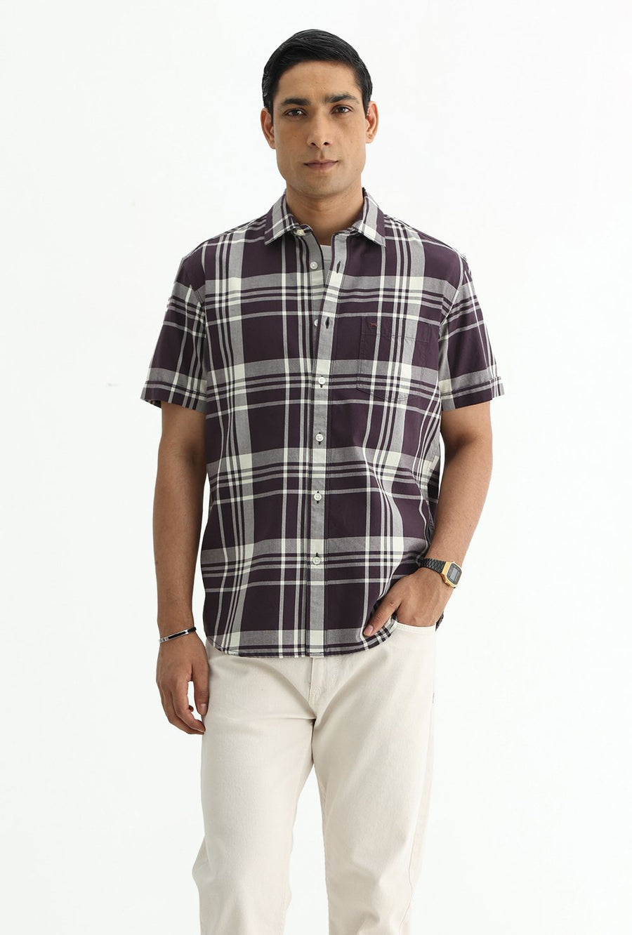 BASICS SLIM FIT NAVY COTTON TWILL CHECKS HALFSLEEVES SHIRT