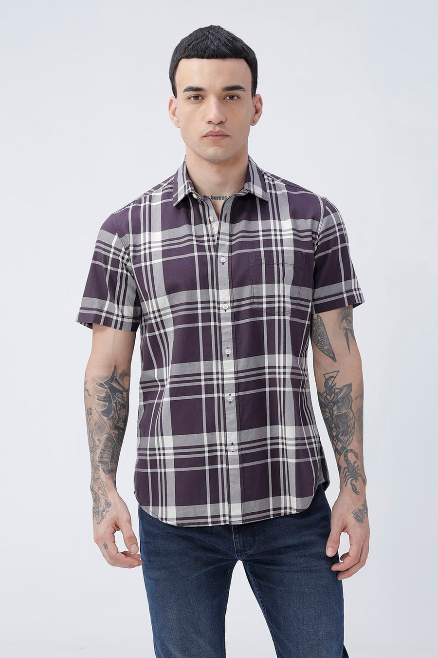 BASICS SLIM FIT NAVY COTTON TWILL CHECKS HALFSLEEVES SHIRT