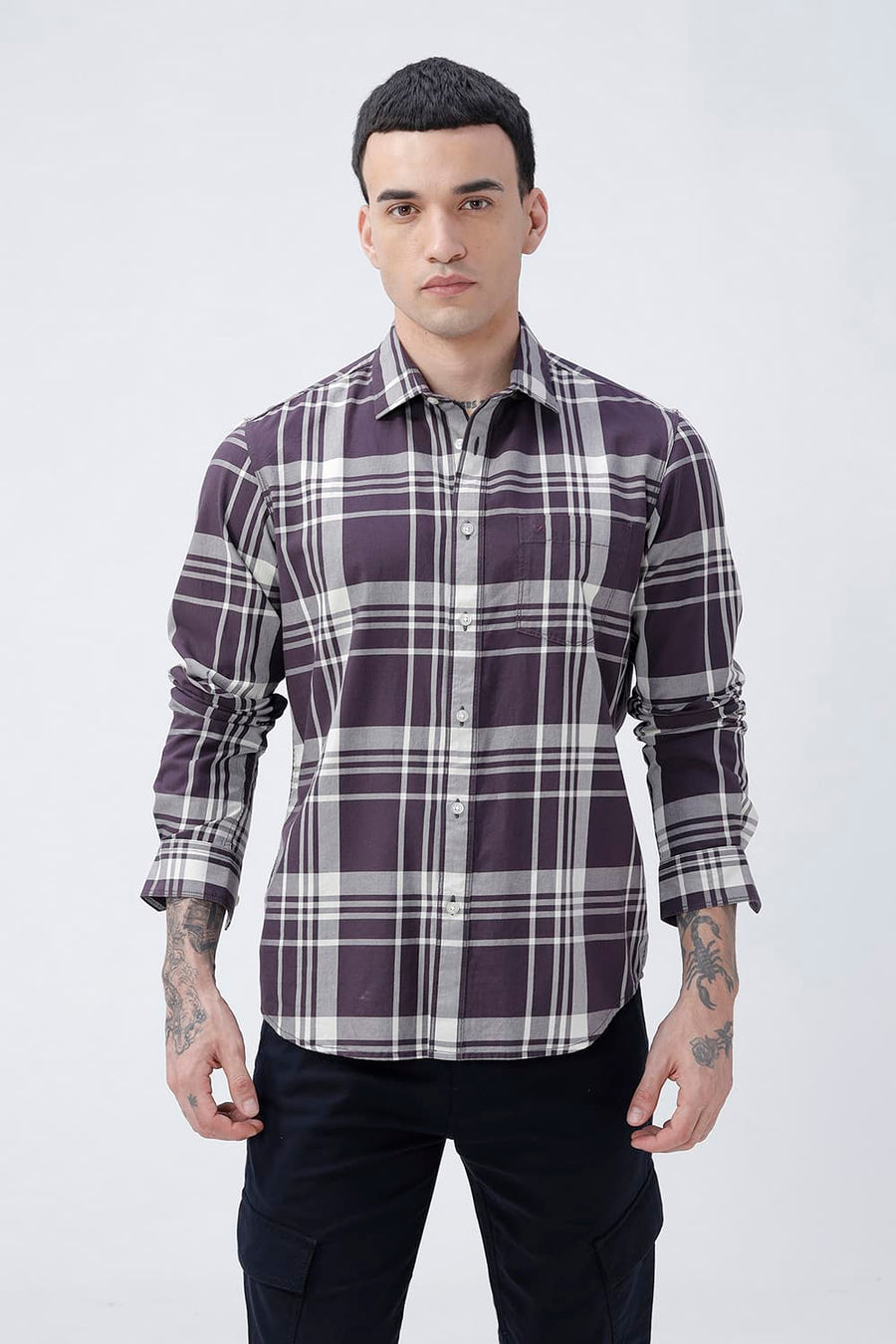 BASICS SLIM FIT NAVY COTTON TWILL CHECKS SHIRT
