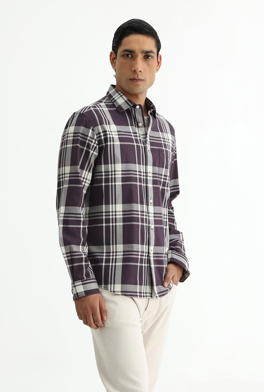 BASICS SLIM FIT NAVY COTTON TWILL CHECKS SHIRT