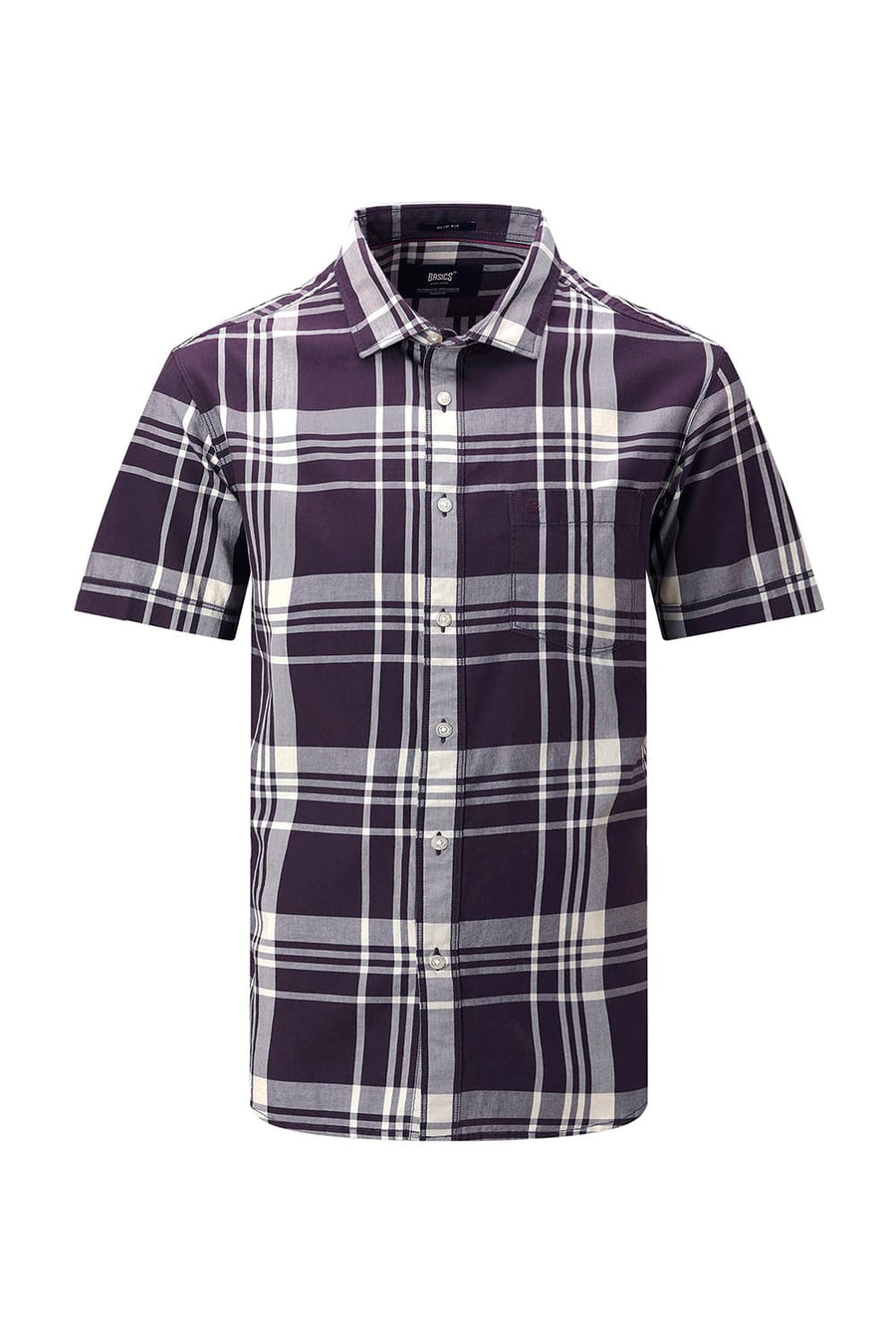 BASICS SLIM FIT NAVY COTTON TWILL CHECKS HALFSLEEVES SHIRT
