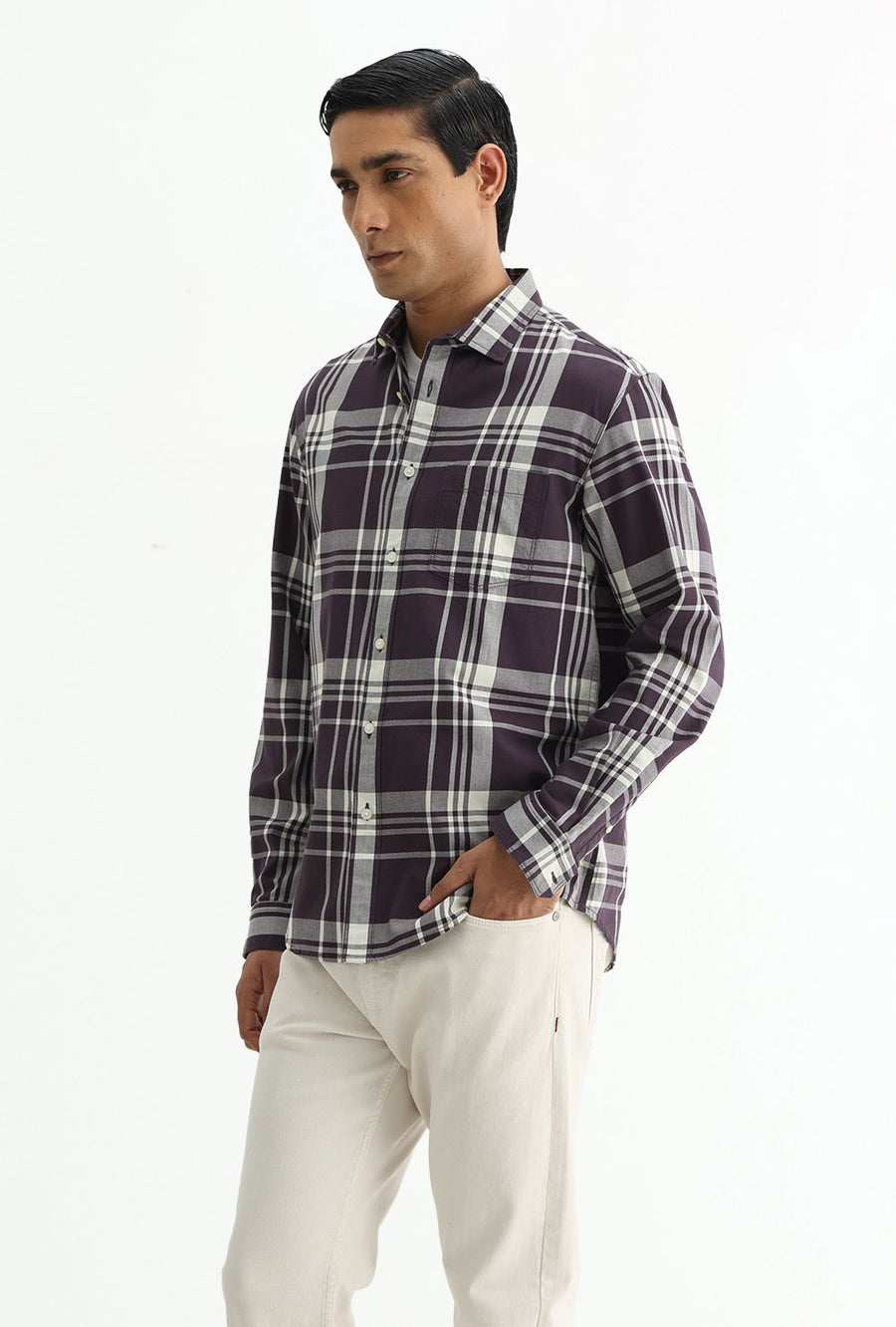 BASICS SLIM FIT NAVY COTTON TWILL CHECKS SHIRT