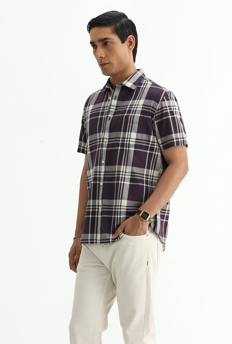 BASICS SLIM FIT NAVY COTTON TWILL CHECKS HALFSLEEVES SHIRT