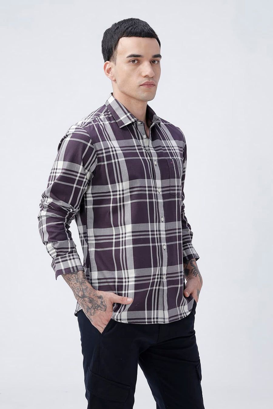 BASICS SLIM FIT NAVY COTTON TWILL CHECKS SHIRT