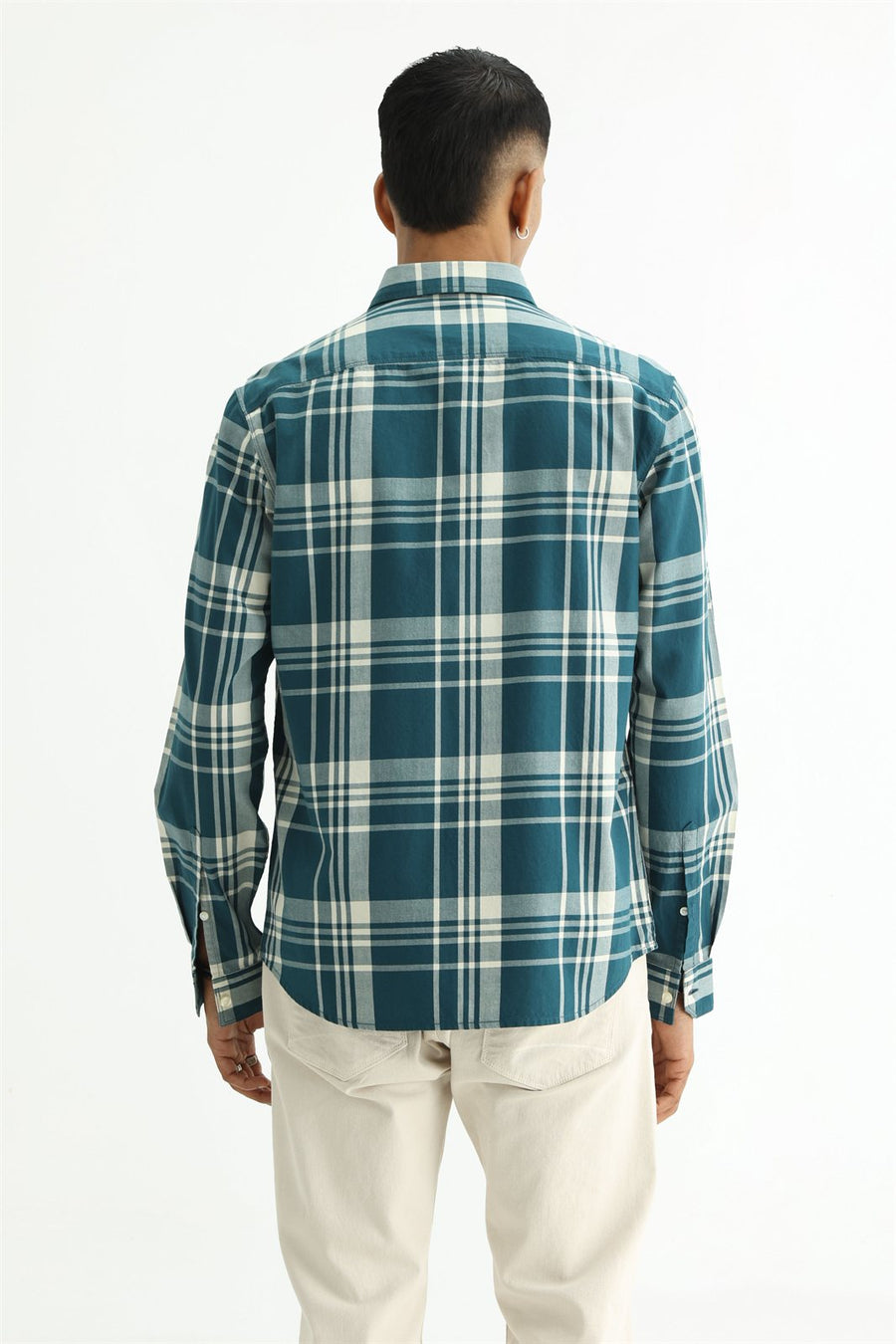 BASICS SLIM FIT BEIGE COTTON TWILL CHECKS SHIRT