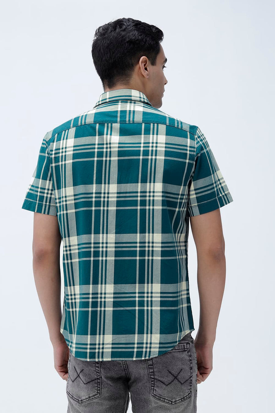 BASICS SLIM FIT BEIGE COTTON TWILL CHECKS HALFSLEEVES SHIRT