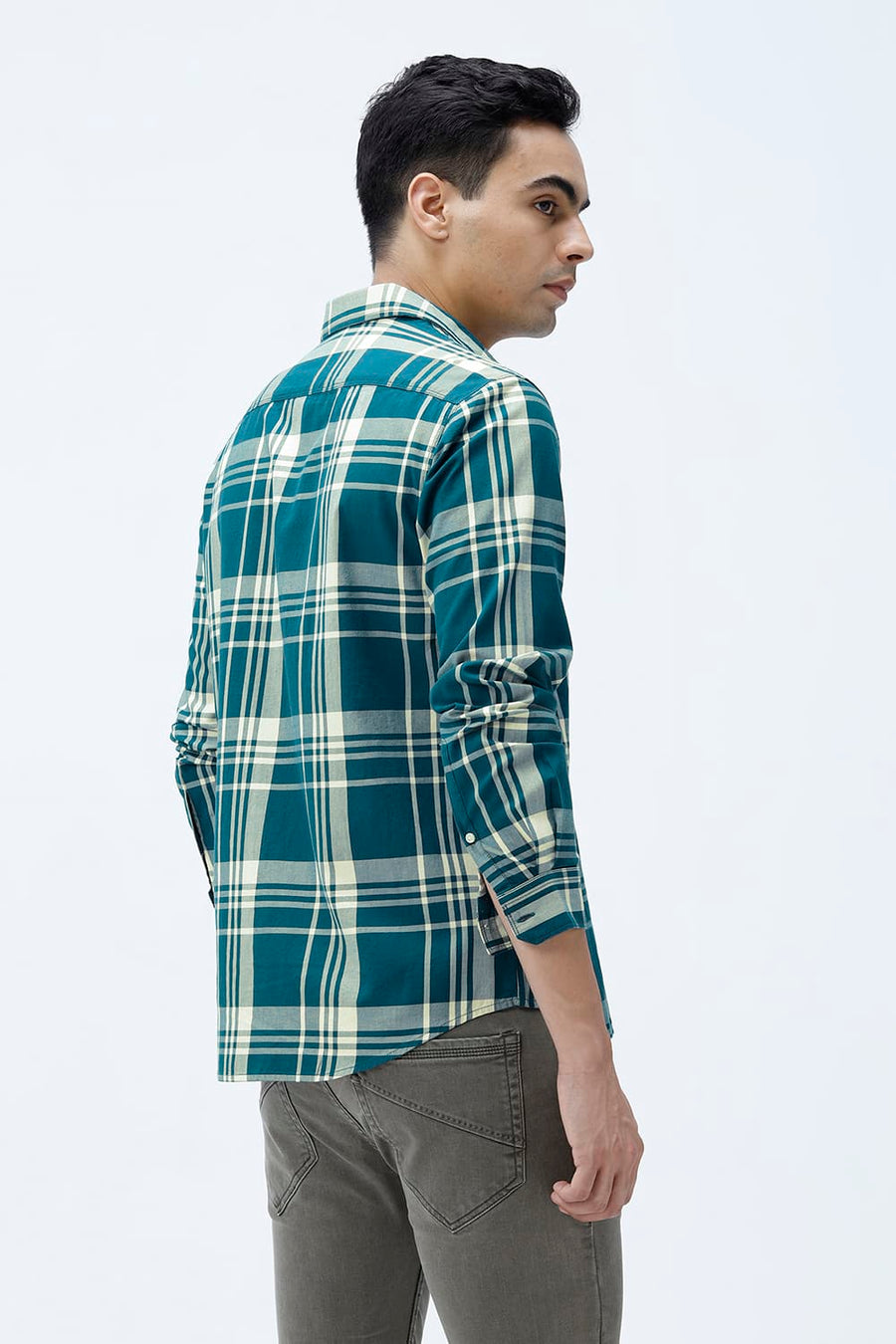 BASICS SLIM FIT BEIGE COTTON TWILL CHECKS SHIRT