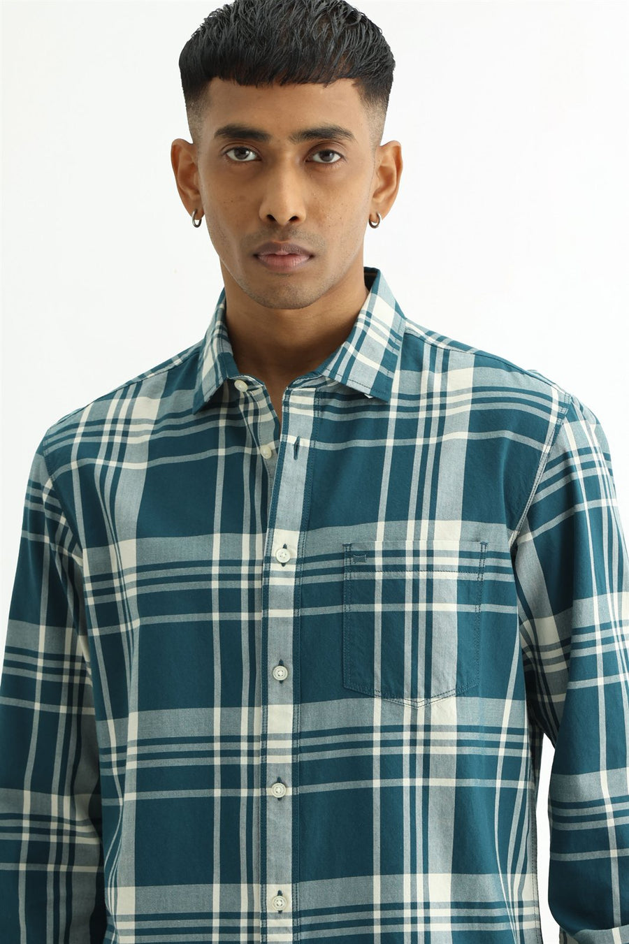 BASICS SLIM FIT BEIGE COTTON TWILL CHECKS SHIRT