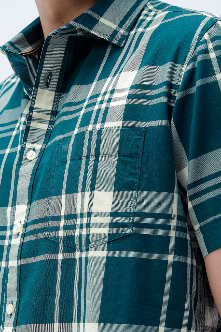 BASICS SLIM FIT BEIGE COTTON TWILL CHECKS HALFSLEEVES SHIRT