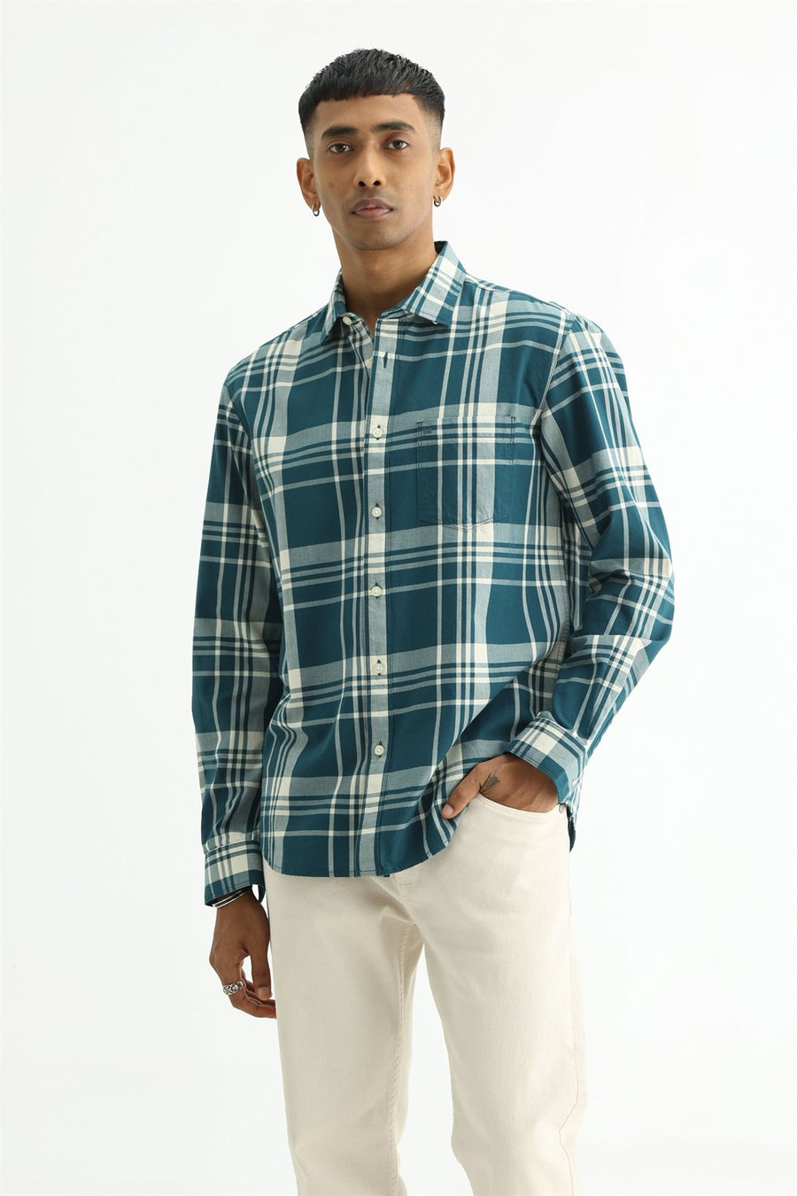 BASICS SLIM FIT BEIGE COTTON TWILL CHECKS SHIRT