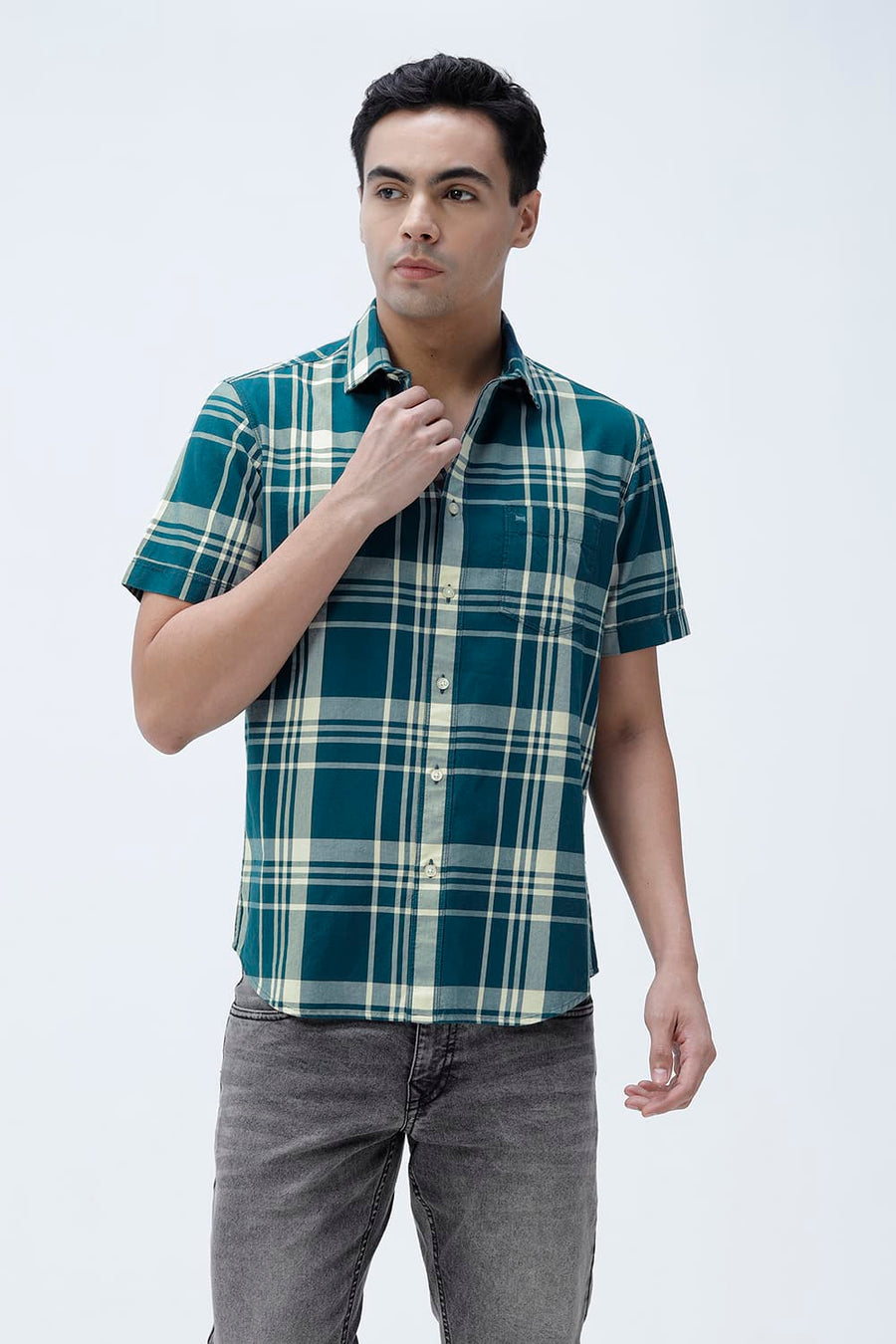 BASICS SLIM FIT BEIGE COTTON TWILL CHECKS HALFSLEEVES SHIRT