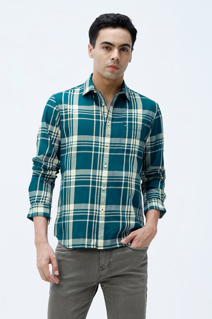 BASICS SLIM FIT BEIGE COTTON TWILL CHECKS SHIRT